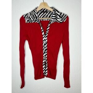 Vintage Y2K Fontana Red Ribbed Knit Double Zip Satin Zebra Print Trim Sweater M